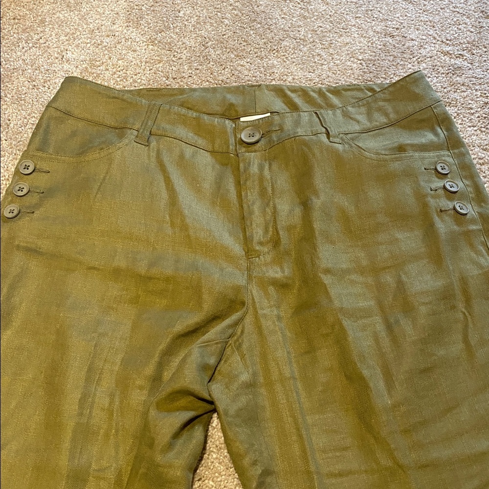 Cabi Linen Iridescent Olive Green Sailor Button Detail Wide Leg Pants Size 10